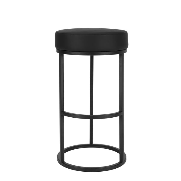 Tane 30 Inch Barstool, Round Black Faux Leather Padded Seat, Black Metal - BM314947