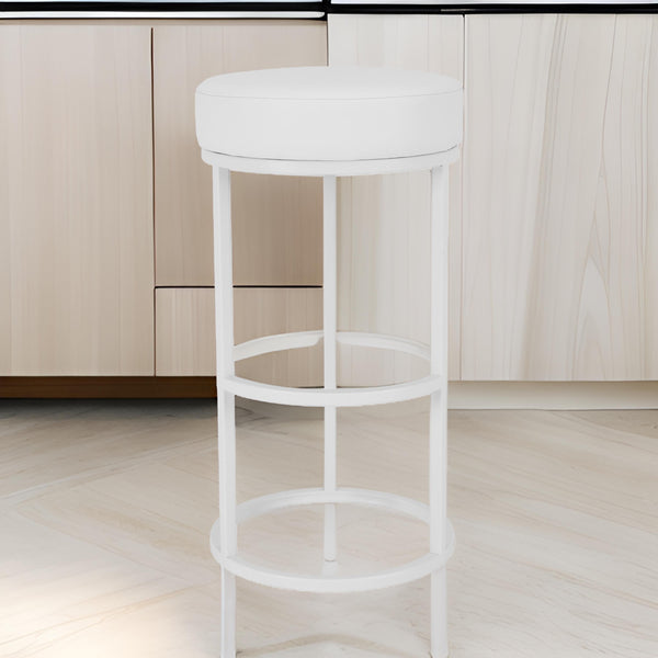 Tane 30 Inch Bar Stool, Round Padded Seat, White Faux Leather, Metal - BM314949