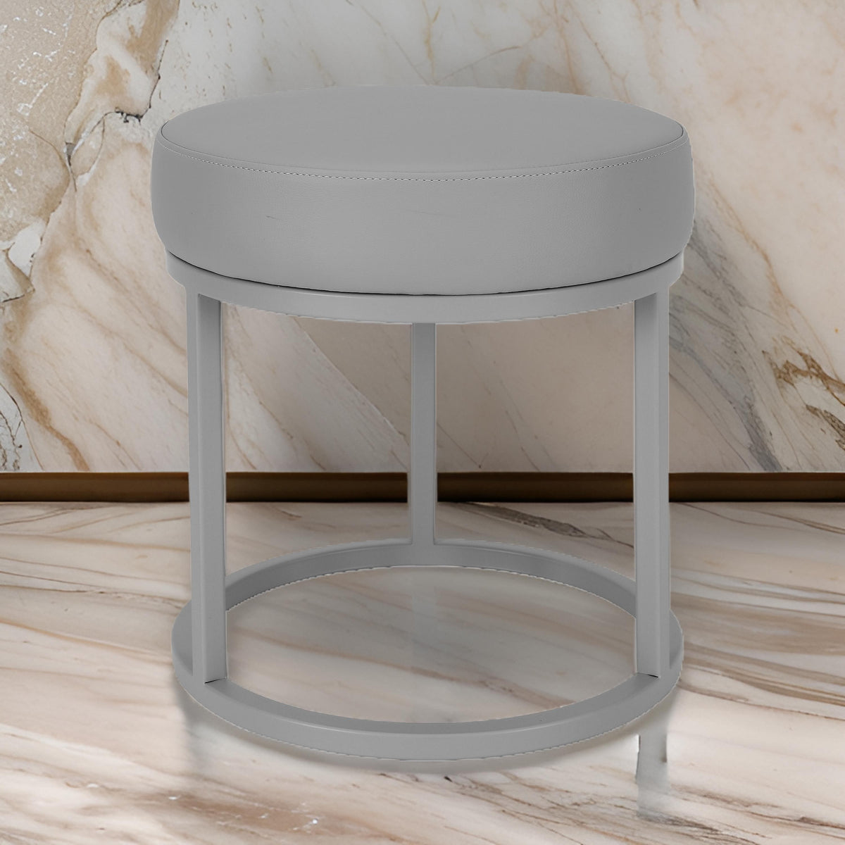 Tane 18 Inch Accent Stool, Modern Round Padded Seat, Gray Faux Leather - BM314950