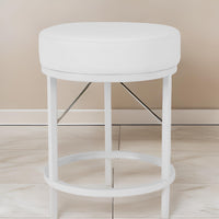 Tane 18 Inch Modern Accent Stool, Round Padded White Faux Leather Seat - BM314951