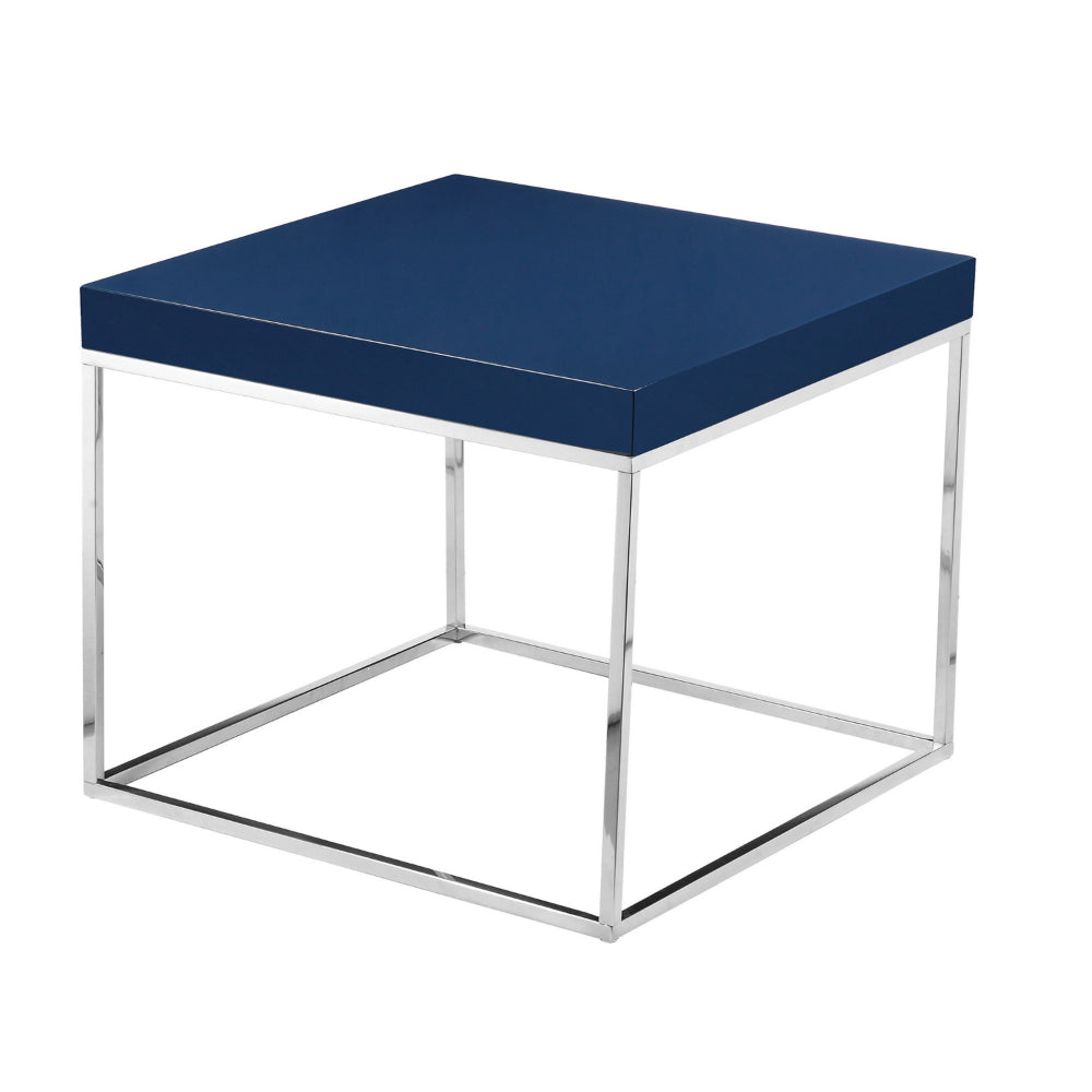 Zen 24 Inch Side End Table, Square, Polished Blue Top, Chrome Metal Finish - BM314959