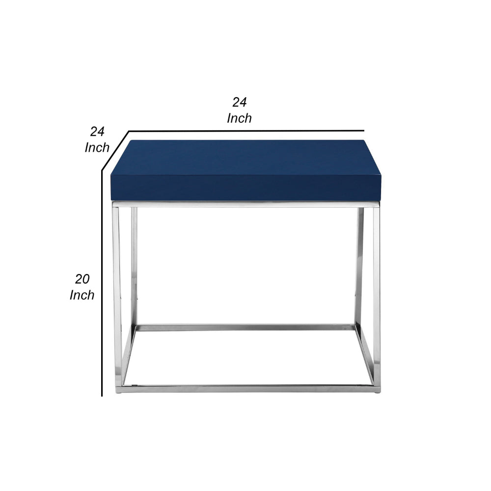 Zen 24 Inch Side End Table, Square, Polished Blue Top, Chrome Metal Finish - BM314959