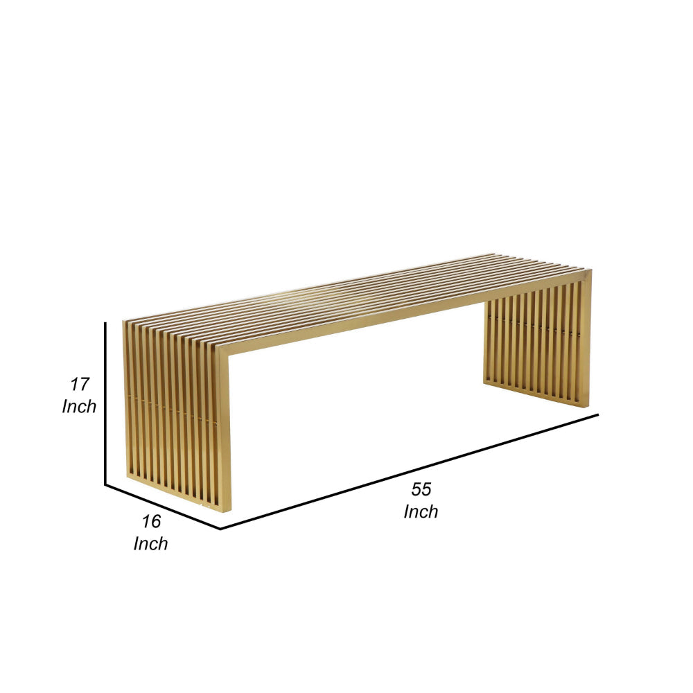 Niki 55 Inch Accent Bench, Slatted, Rectangular, Luxurious Brushed Gold - BM314974