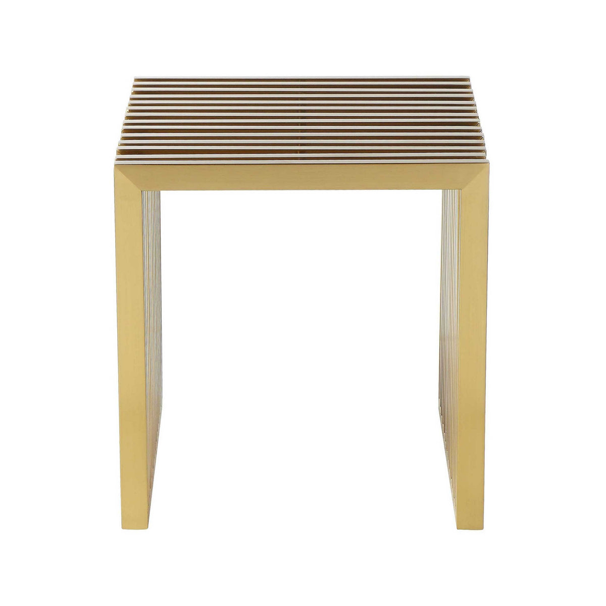 Niki 17 Inch Accent Stool, Slatted Design, Square, Luxurious Brushed Gold  - BM314975