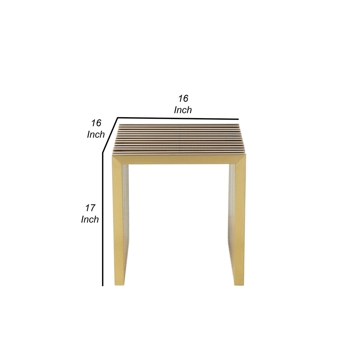 Niki 17 Inch Accent Stool, Slatted Design, Square, Luxurious Brushed Gold  - BM314975