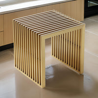 Niki 17 Inch Accent Stool, Slatted Design, Square, Luxurious Brushed Gold  - BM314975