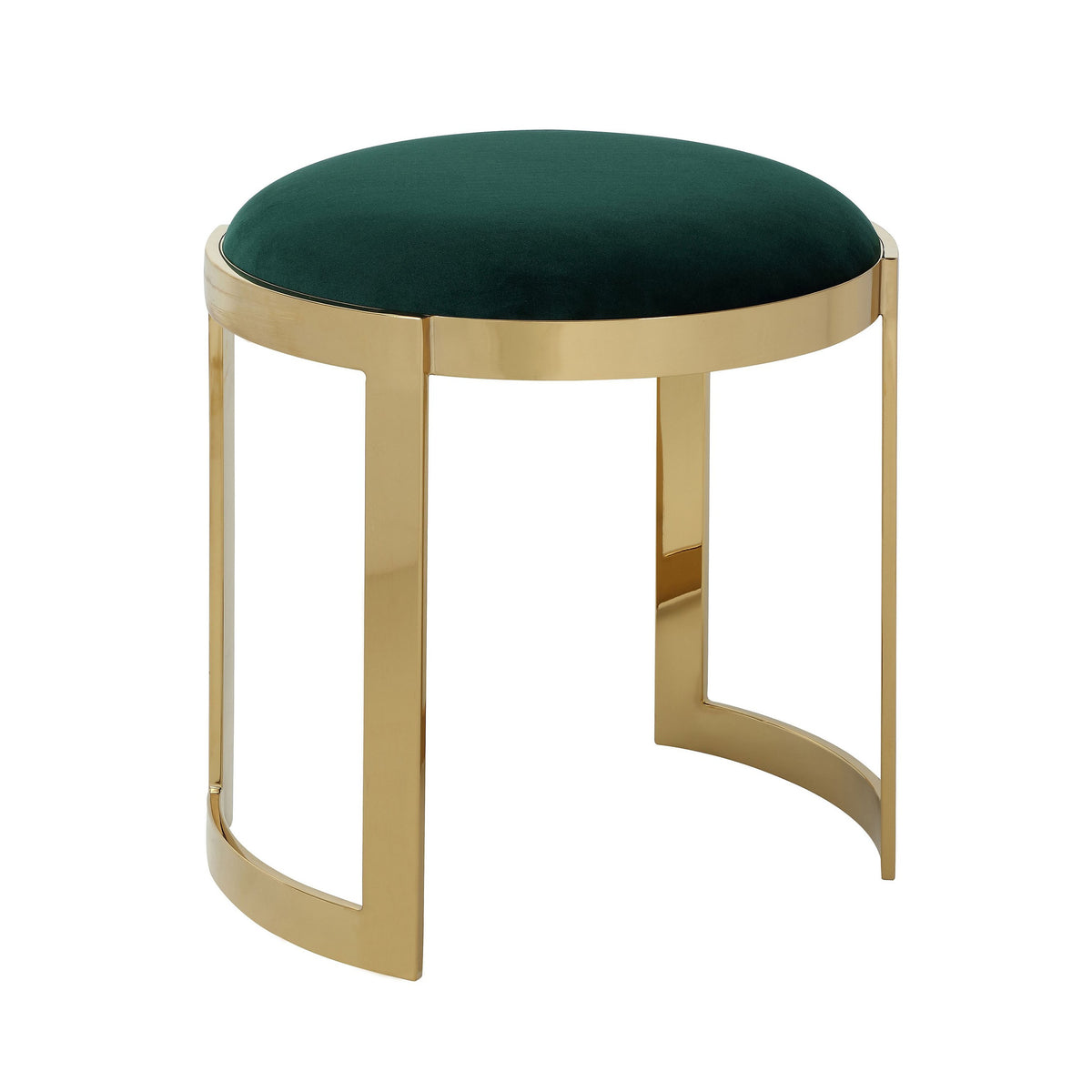 Niyo 19 Inch Accent Stool Ottoman, Round Cushioned Green Velvet Seat, Gold - BM314976