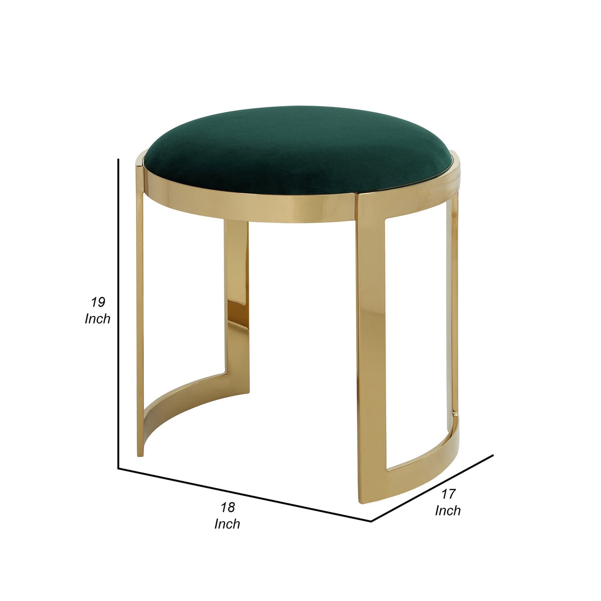 Niyo 19 Inch Accent Stool Ottoman, Round Cushioned Green Velvet Seat, Gold - BM314976