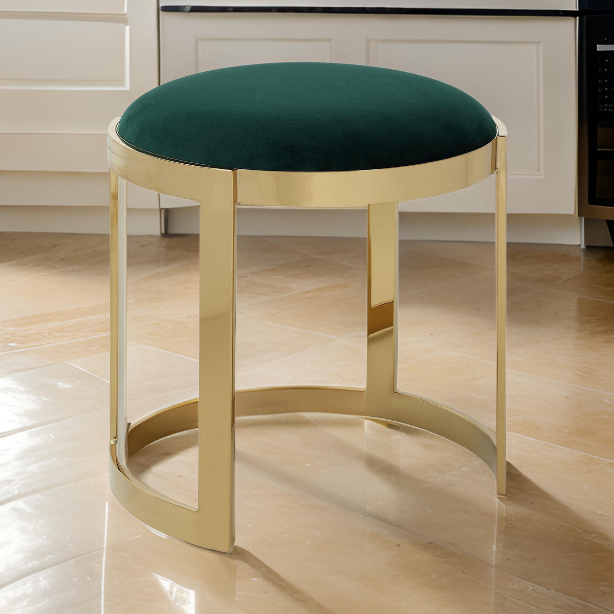 Niyo 19 Inch Accent Stool Ottoman, Round Cushioned Green Velvet Seat, Gold - BM314976