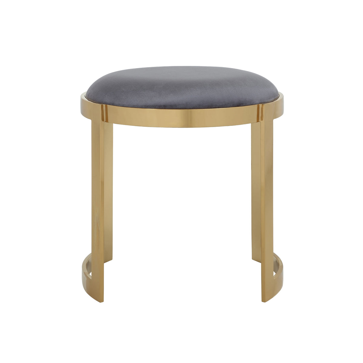 Niyo 19 Inch Accent Stool Ottoman, Round Cushioned Gray Velvet Seat, Gold - BM314977