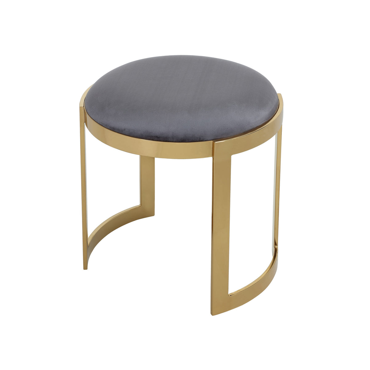 Niyo 19 Inch Accent Stool Ottoman, Round Cushioned Gray Velvet Seat, Gold - BM314977