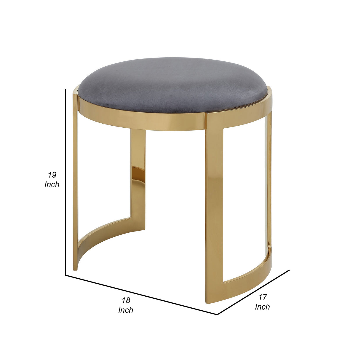 Niyo 19 Inch Accent Stool Ottoman, Round Cushioned Gray Velvet Seat, Gold - BM314977