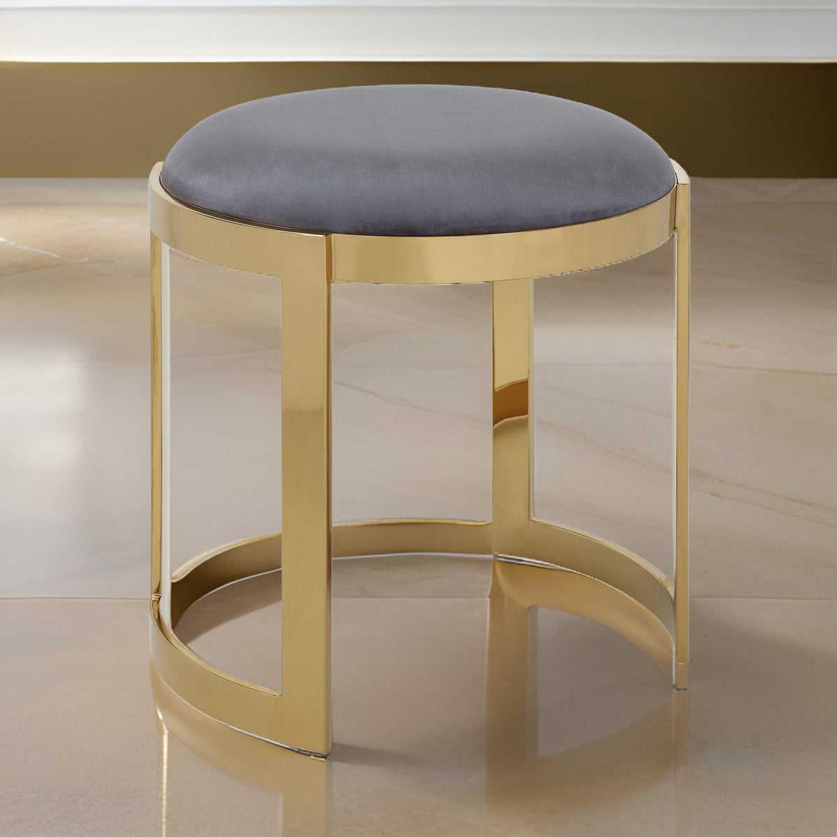 Niyo 19 Inch Accent Stool Ottoman, Round Cushioned Gray Velvet Seat, Gold - BM314977