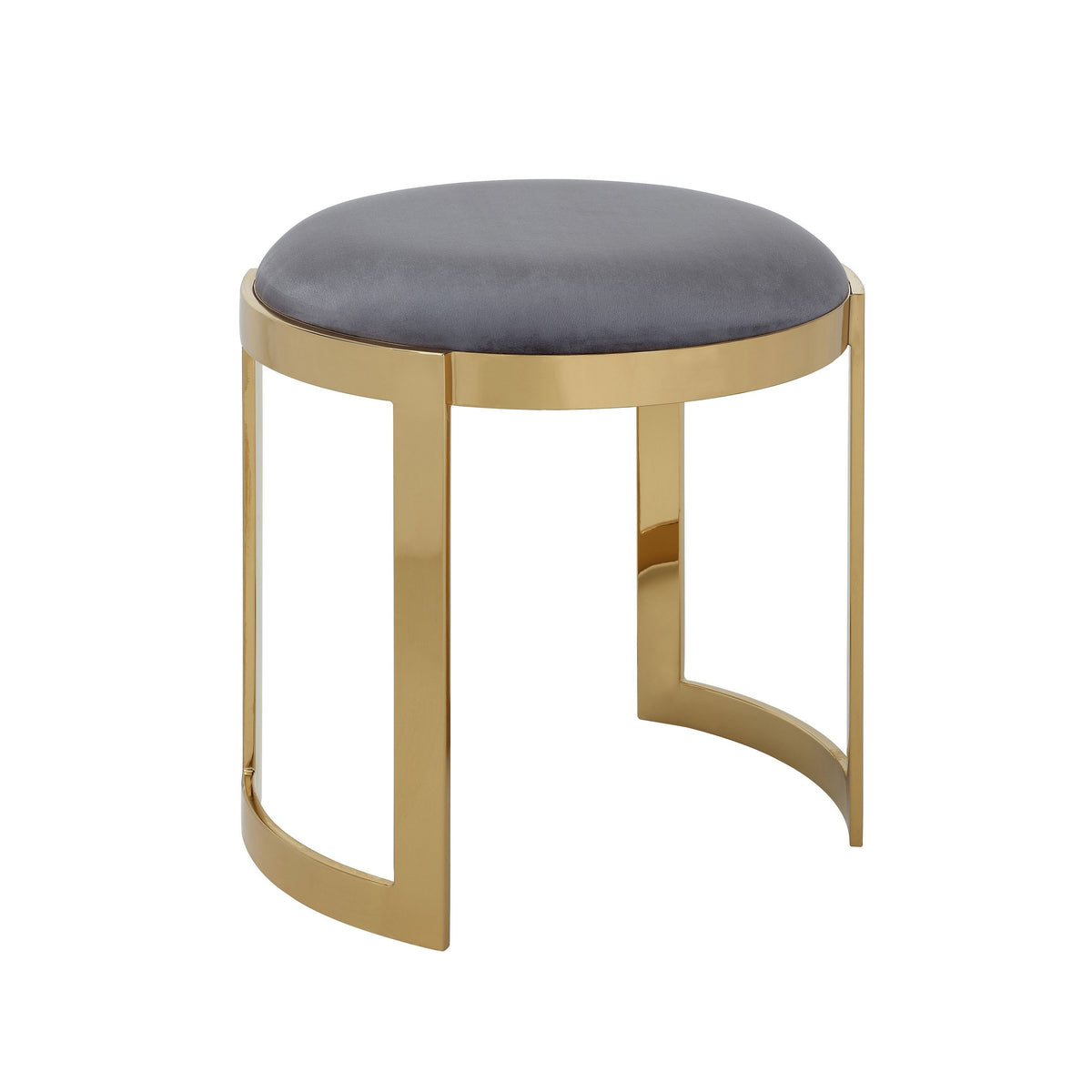 Niyo 19 Inch Accent Stool Ottoman, Round Cushioned Gray Velvet Seat, Gold - BM314977