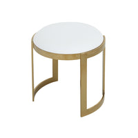 Niyo 19 Inch Accent Stool Ottoman, Round Cushioned White Faux Leather, Gold - BM314978