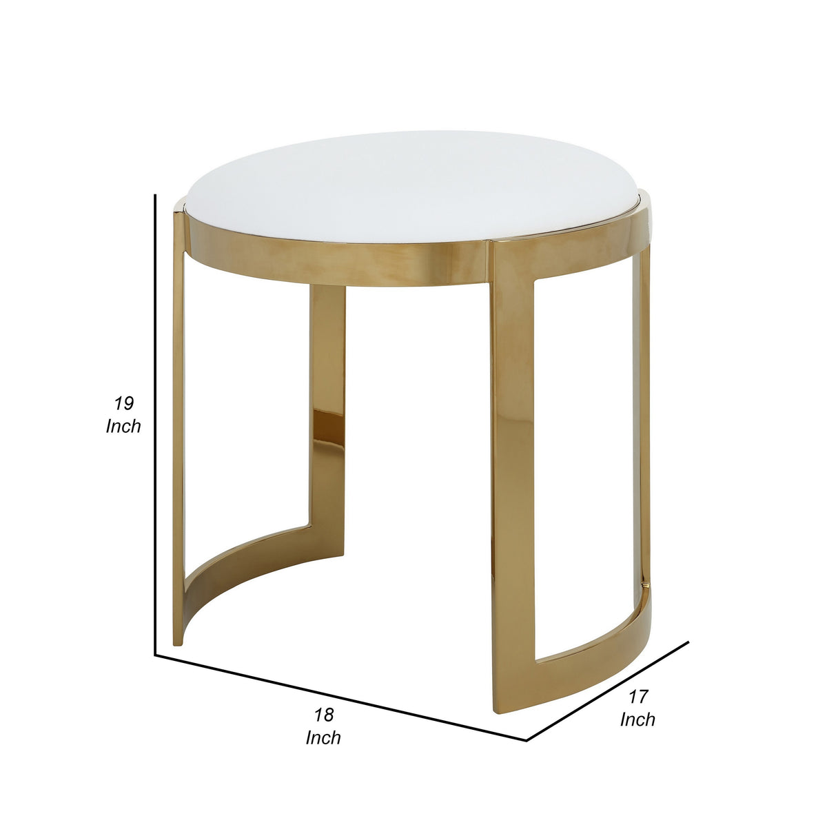 Niyo 19 Inch Accent Stool Ottoman, Round Cushioned White Faux Leather, Gold - BM314978