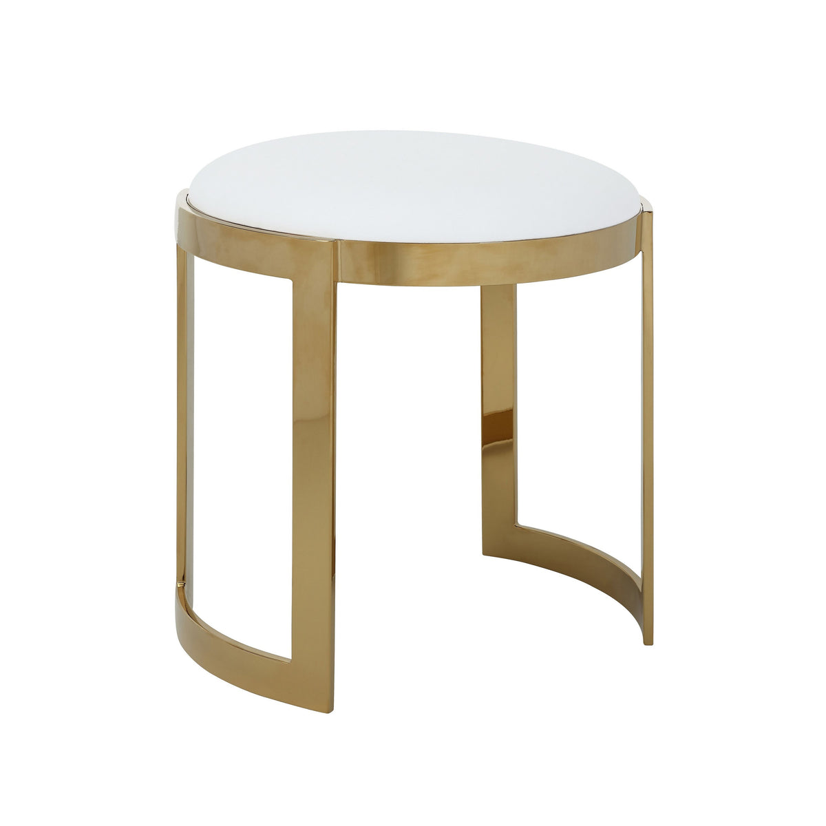 Niyo 19 Inch Accent Stool Ottoman, Round Cushioned White Faux Leather, Gold - BM314978