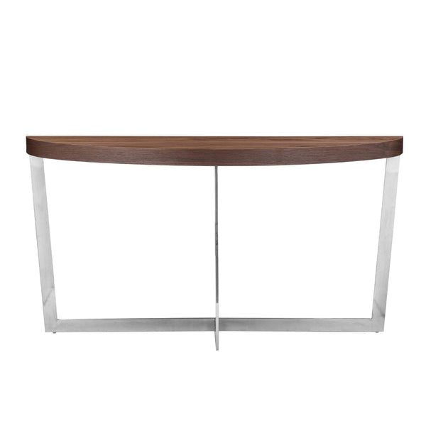 Tini 55 Inch Console Table, Oval Top, Chrome Frame, Walnut Brown Finish - BM314980