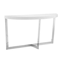 Tini 55 Inch Console Table, Oval Top, Chrome Frame, Sleek White Finish - BM314981