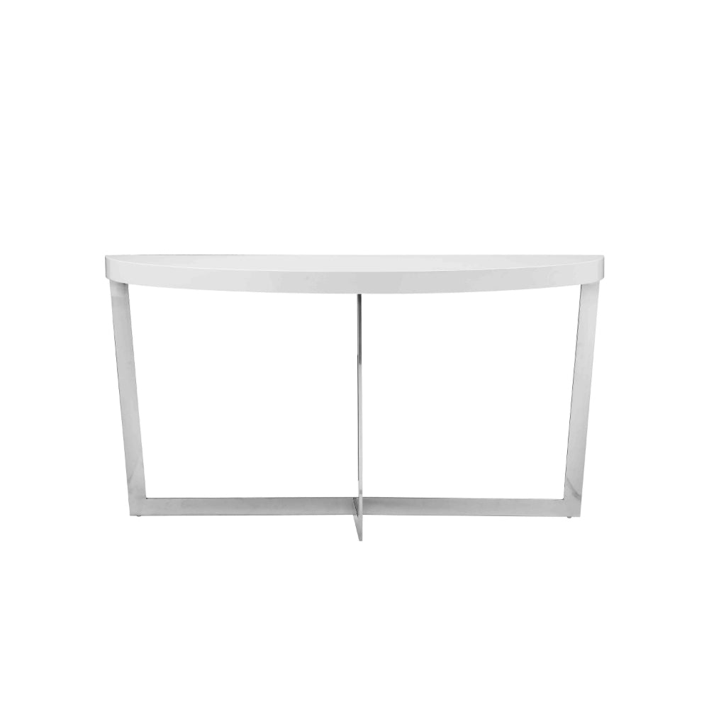 Tini 55 Inch Console Table, Oval Top, Chrome Frame, Sleek White Finish - BM314981