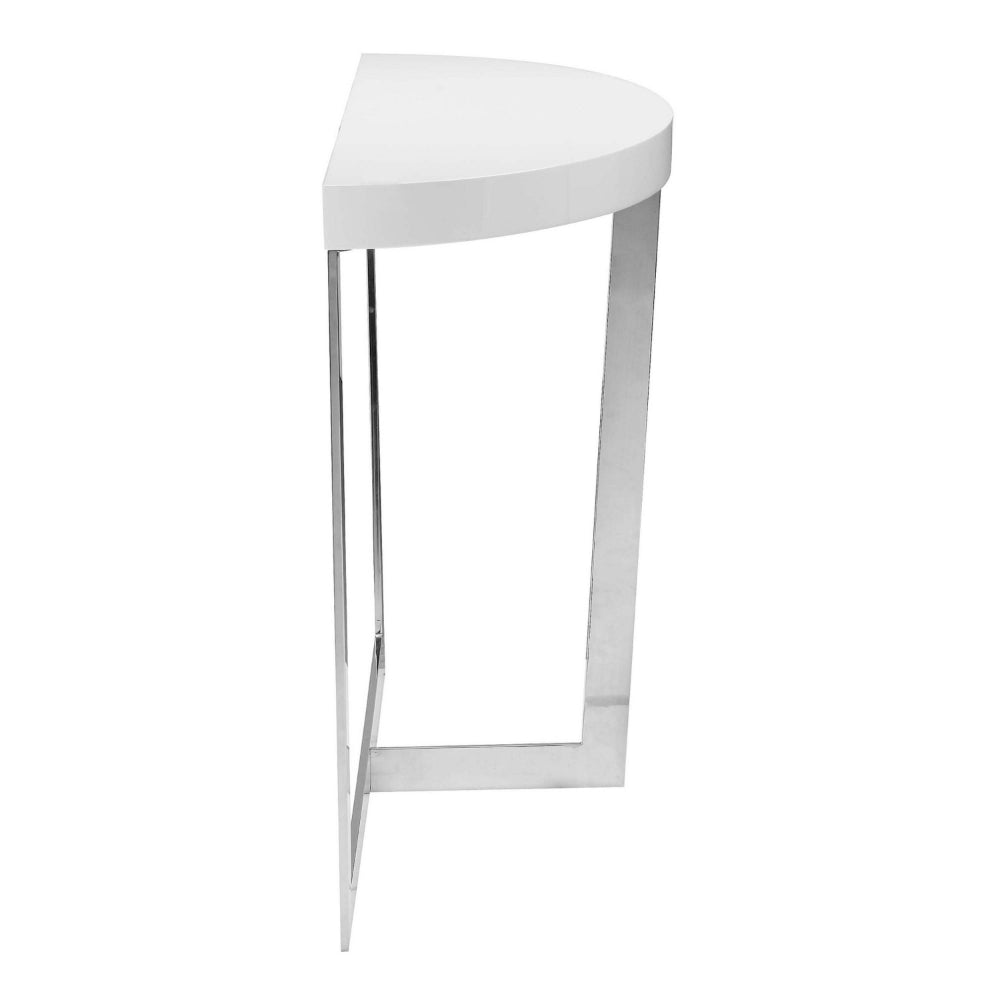 Tini 55 Inch Console Table, Oval Top, Chrome Frame, Sleek White Finish - BM314981