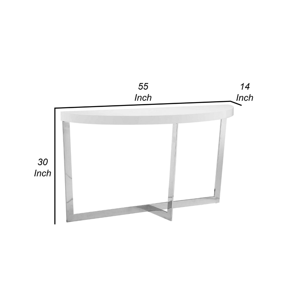 Tini 55 Inch Console Table, Oval Top, Chrome Frame, Sleek White Finish - BM314981