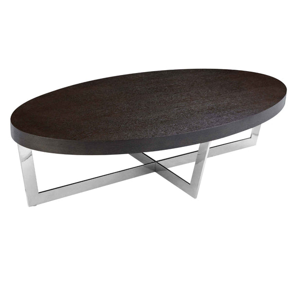 Tini 55 Inch Coffee Table, Oval Top, Chrome Frame, Espresso Brown Finish - BM314982