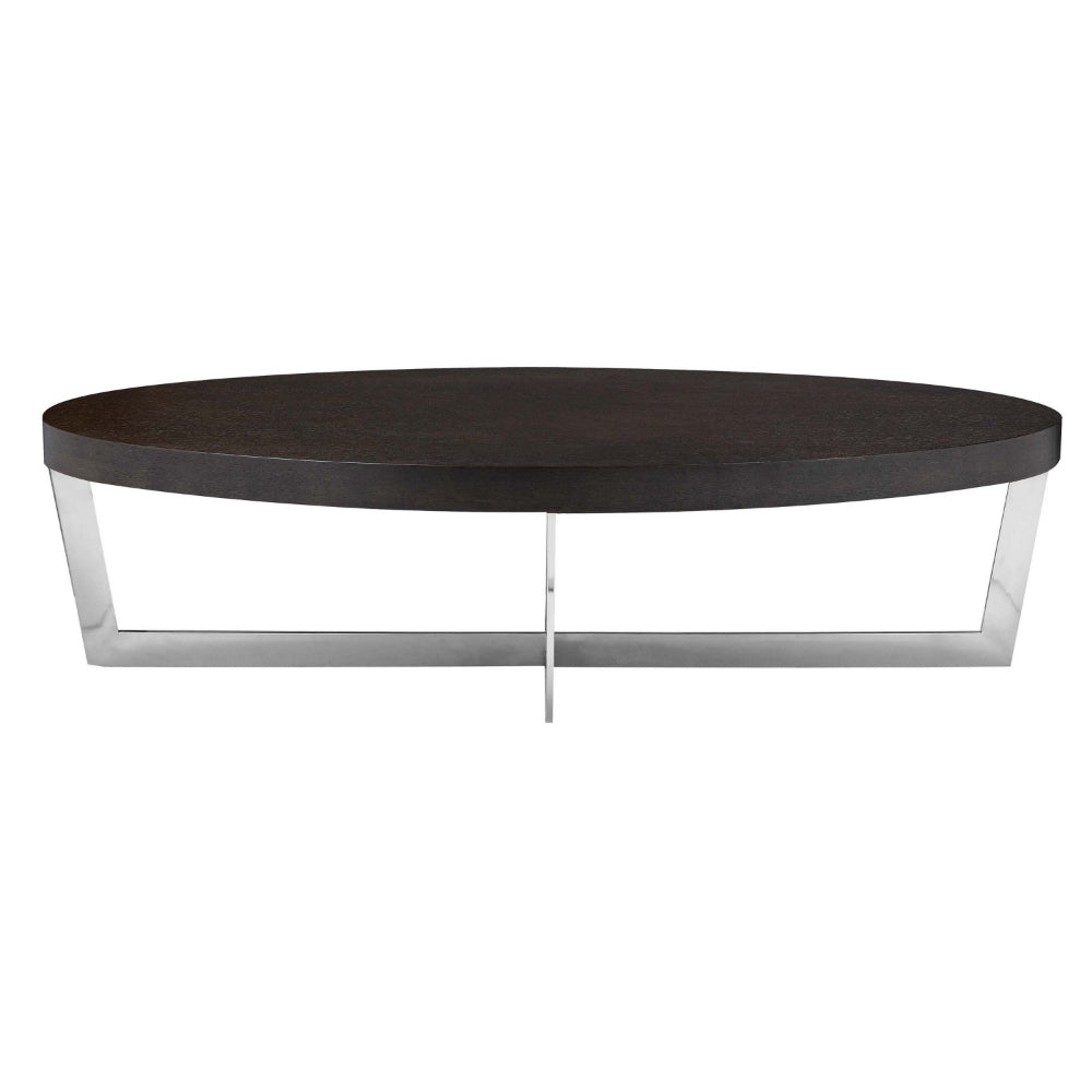 Tini 55 Inch Coffee Table, Oval Top, Chrome Frame, Espresso Brown Finish - BM314982