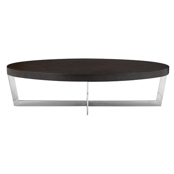 Tini 55 Inch Coffee Table, Oval Top, Chrome Frame, Espresso Brown Finish - BM314982