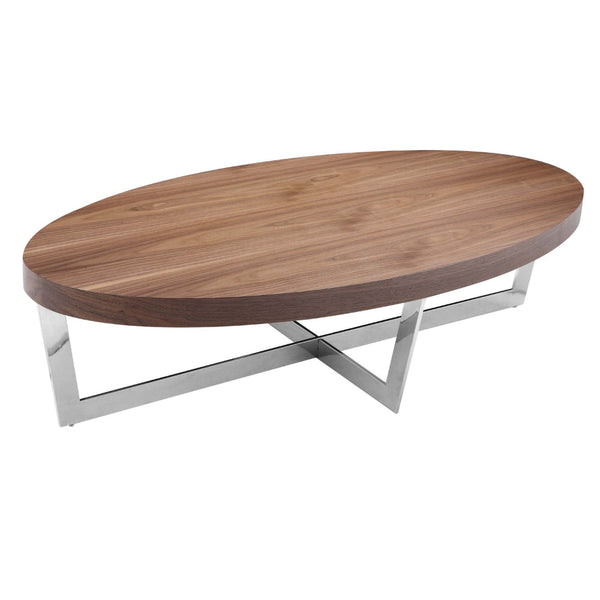 Tini 55 Inch Coffee Table, Oval Top, Chrome Frame, Walnut Brown Finish - BM314983