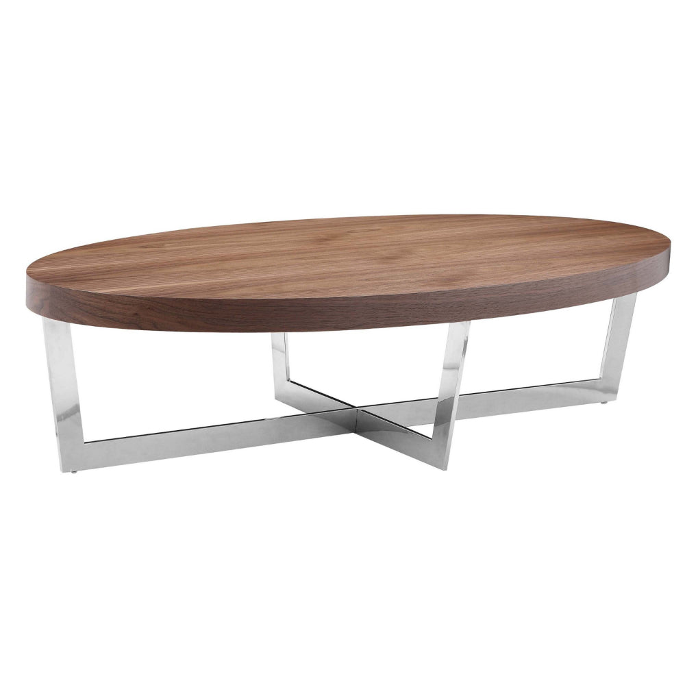 Tini 55 Inch Coffee Table, Oval Top, Chrome Frame, Walnut Brown Finish - BM314983