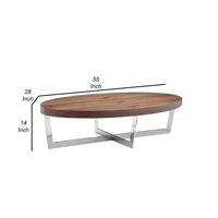 Tini 55 Inch Coffee Table, Oval Top, Chrome Frame, Walnut Brown Finish - BM314983