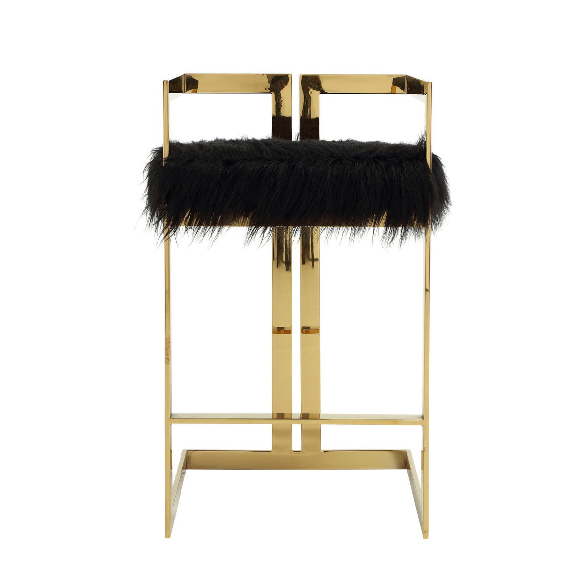 Suki 30 Inch Barstool Chair, Black Faux Fur Seat, Gold Cantilever Base - BM314992