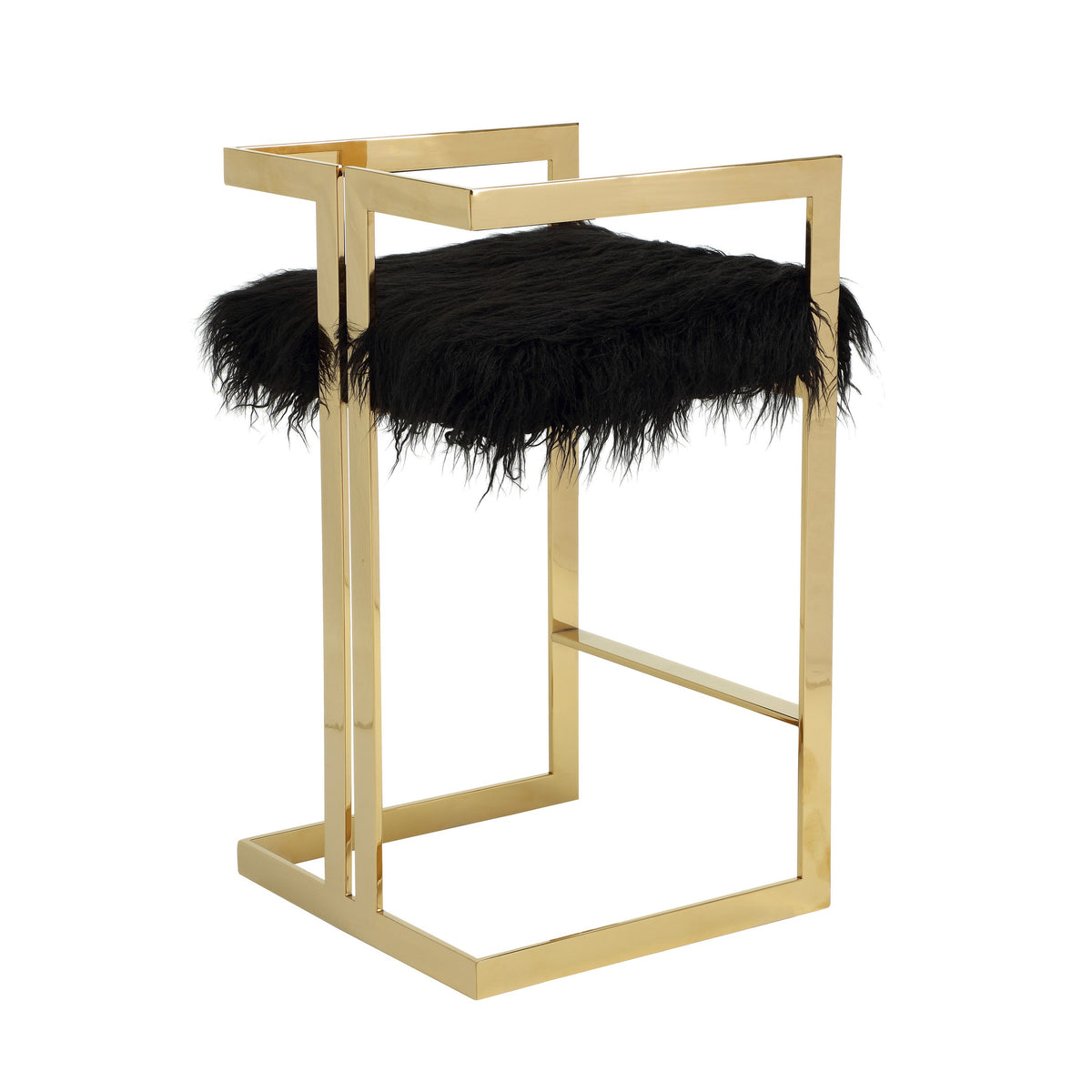 Suki 30 Inch Barstool Chair, Black Faux Fur Seat, Gold Cantilever Base - BM314992