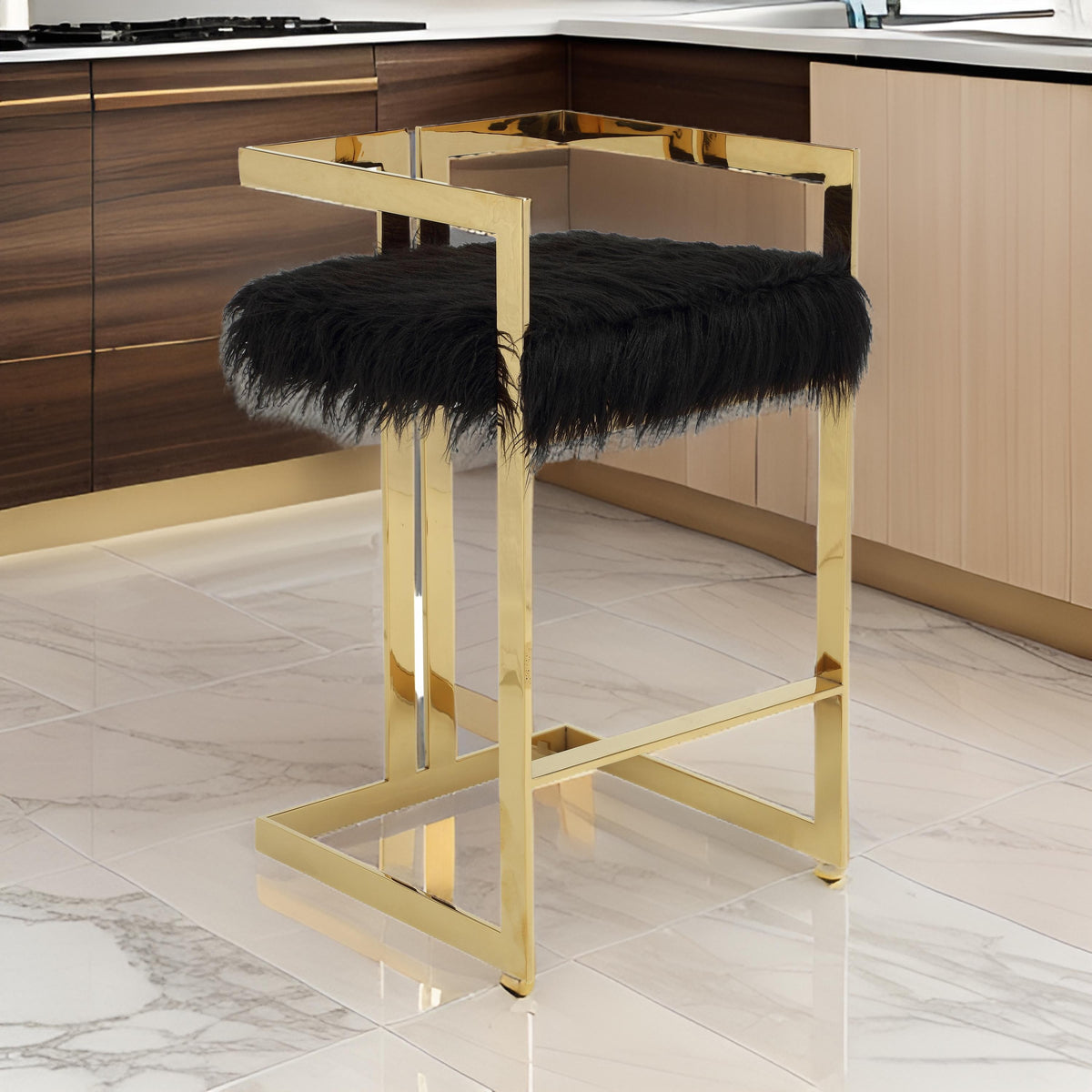 Suki 30 Inch Barstool Chair, Black Faux Fur Seat, Gold Cantilever Base - BM314992