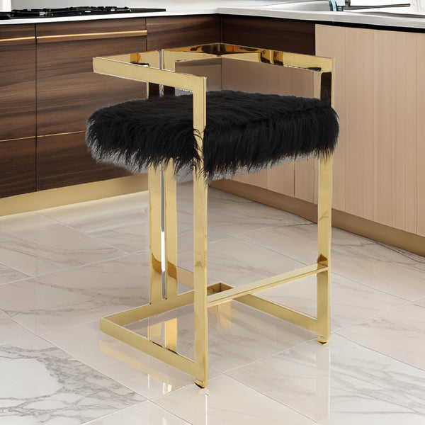 Suki 30 Inch Barstool Chair, Black Faux Fur Seat, Gold Cantilever Base - BM314992