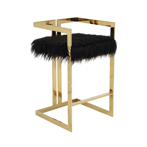 Suki 30 Inch Barstool Chair, Black Faux Fur Seat, Gold Cantilever Base - BM314992