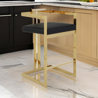 Suki 30 Inch Barstool Chair, Black Faux Leather Seat, Gold Cantilever Base - BM314993