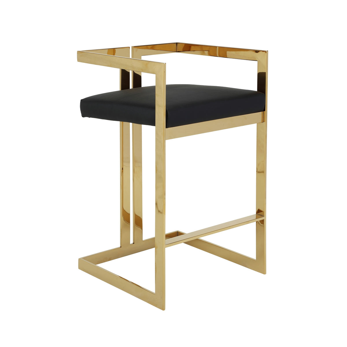 Suki 30 Inch Barstool Chair, Black Faux Leather Seat, Gold Cantilever Base - BM314993