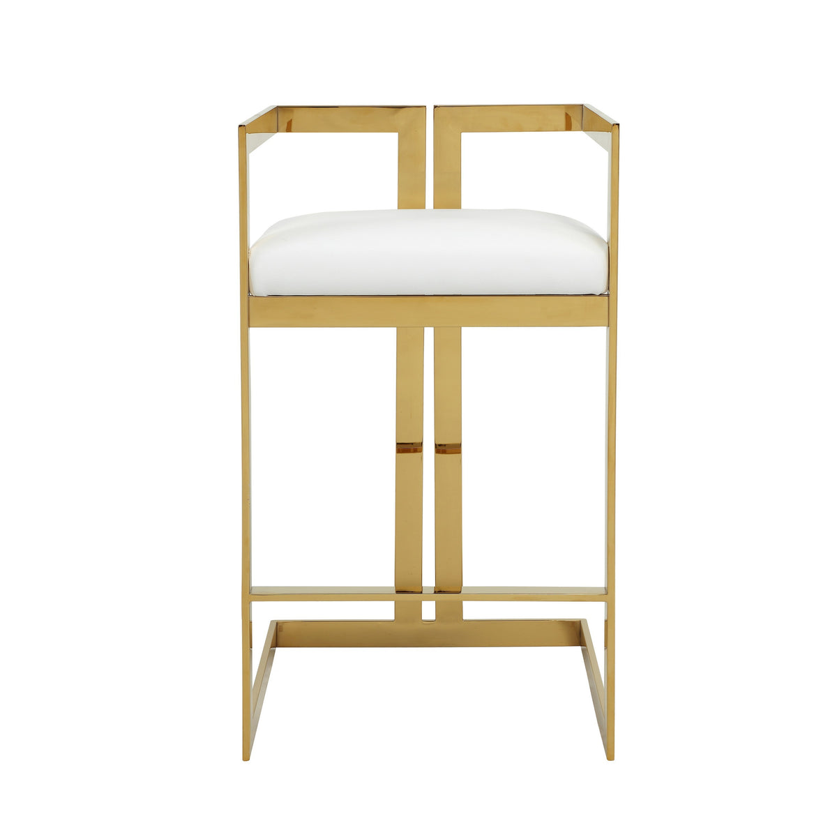 Suki 30 Inch Barstool Chair, White Faux Leather Seat, Gold Cantilever Base - BM314994