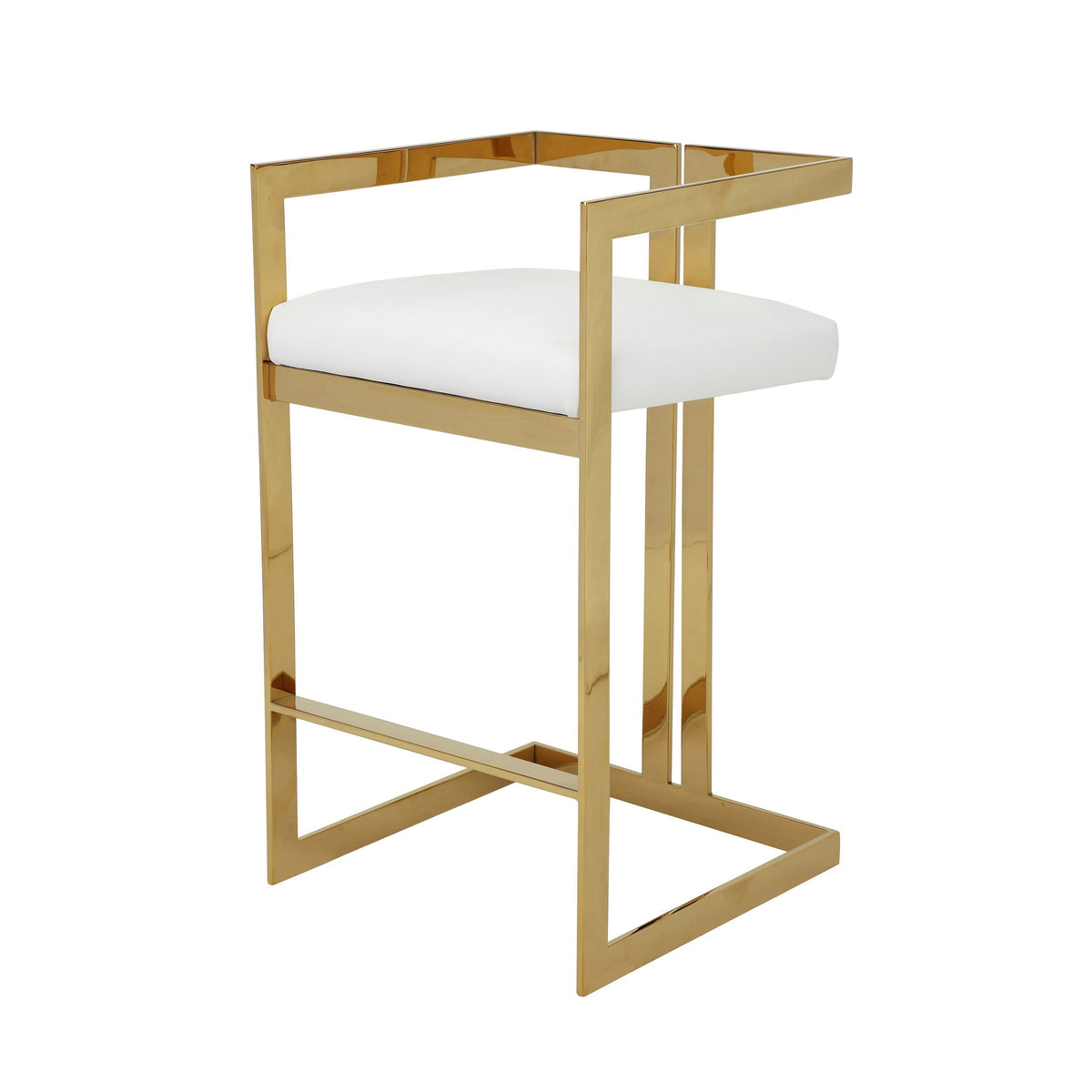 Suki 30 Inch Barstool Chair, White Faux Leather Seat, Gold Cantilever Base - BM314994