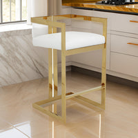 Suki 30 Inch Barstool Chair, White Faux Leather Seat, Gold Cantilever Base - BM314994