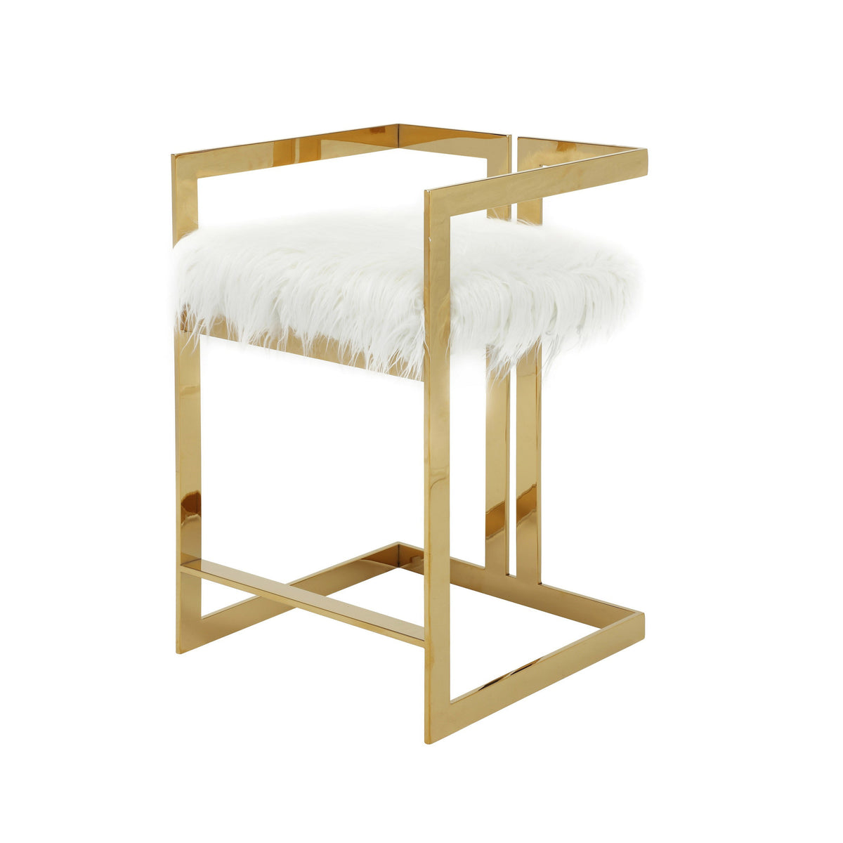 Suki 26 Inch Counter Height Chair, White Faux Fur, Gold Cantilever Base - BM314997