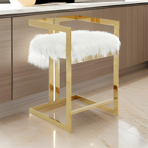 Suki 26 Inch Counter Height Chair, White Faux Fur, Gold Cantilever Base - BM314997