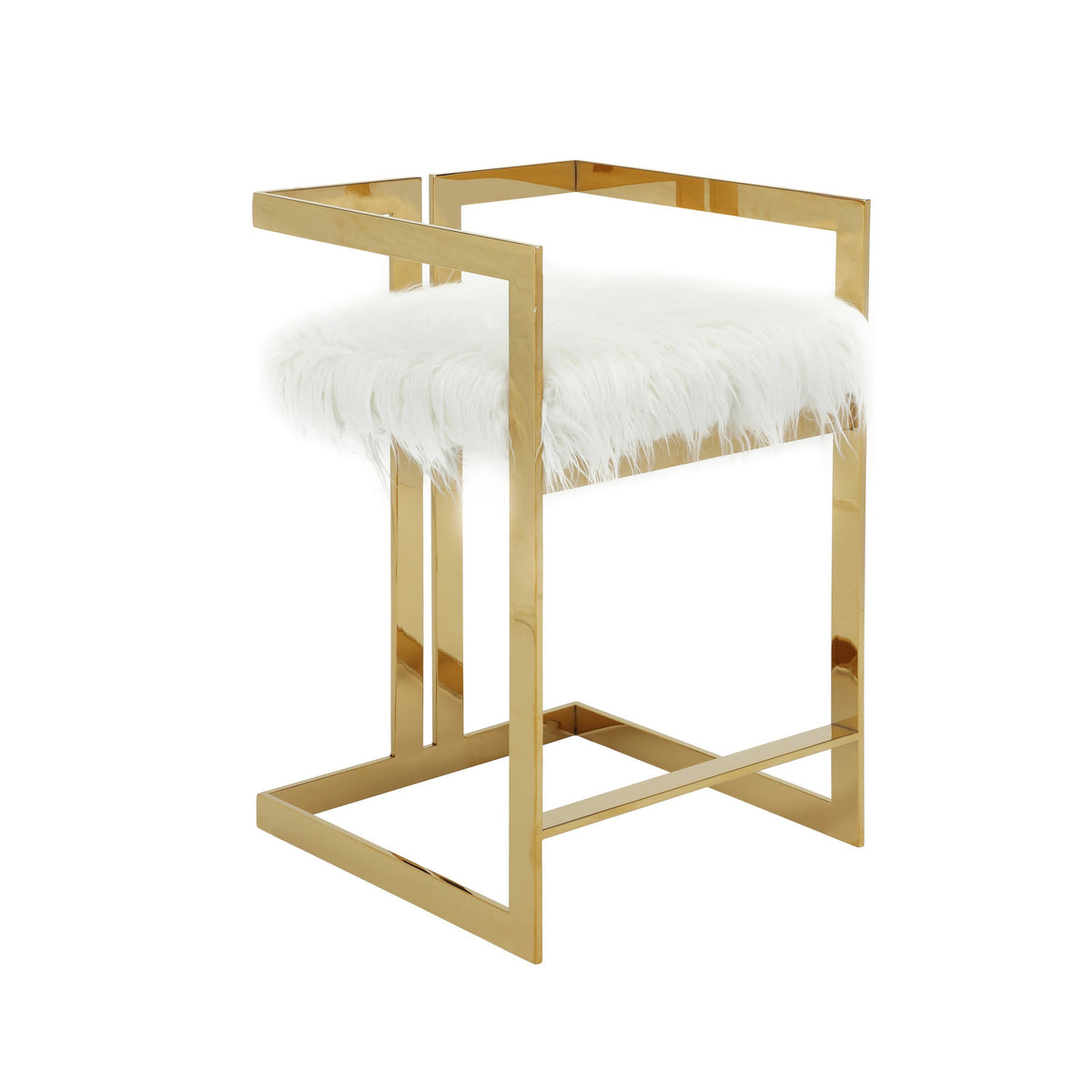 Suki 26 Inch Counter Height Chair, White Faux Fur, Gold Cantilever Base - BM314997