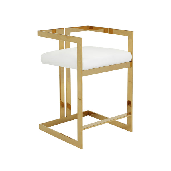 Suki 26 Inch Counter Height Chair, White Faux Leather, Gold Cantilever Base - BM314998