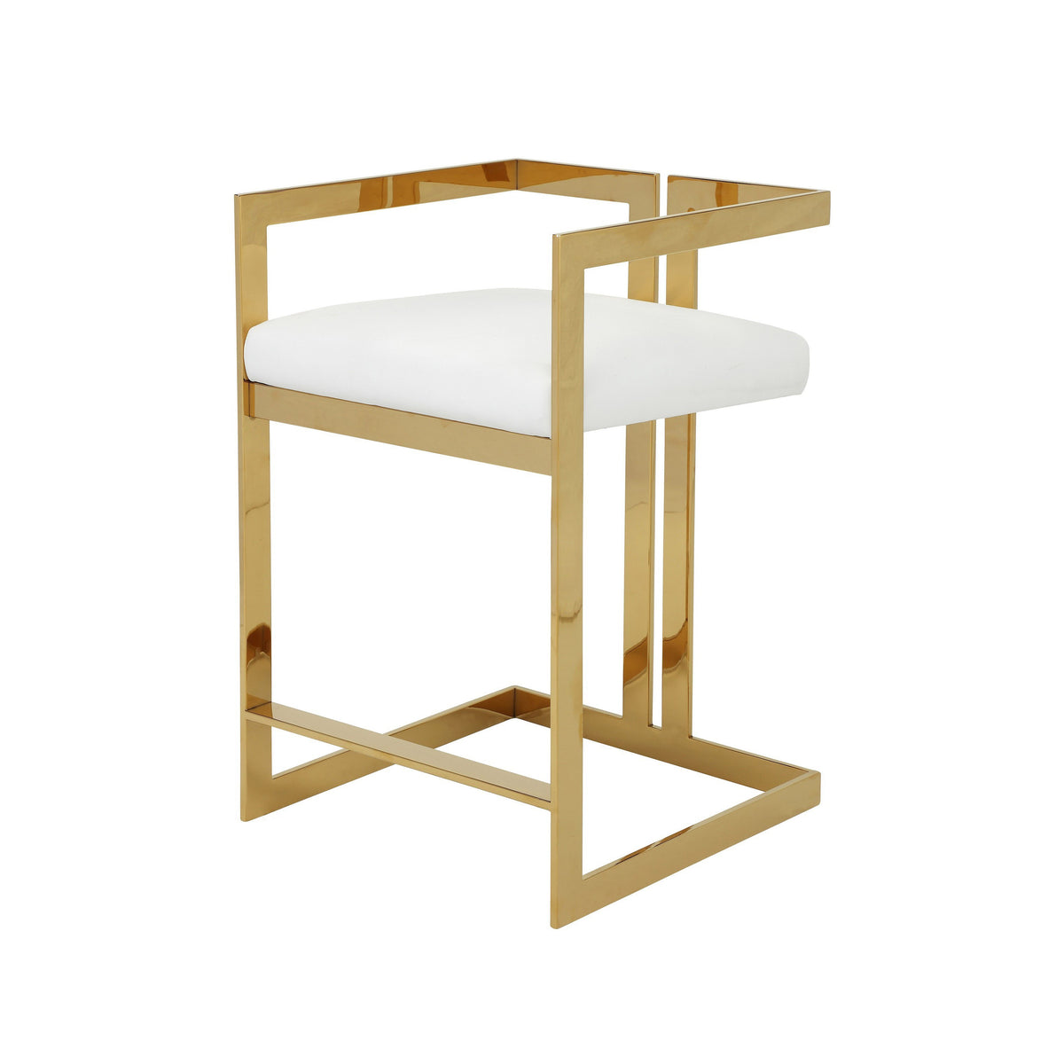 Suki 26 Inch Counter Height Chair, White Faux Leather, Gold Cantilever Base - BM314998