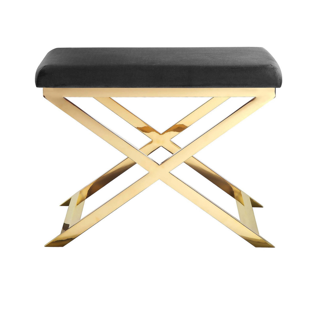 Sovi 24 Inch Accent Stool Ottoman Bench, Cushioned Gray Velvet, Gold X Base - BM314999