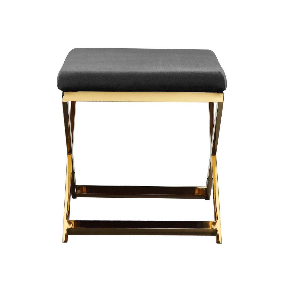 Sovi 24 Inch Accent Stool Ottoman Bench, Cushioned Gray Velvet, Gold X Base - BM314999