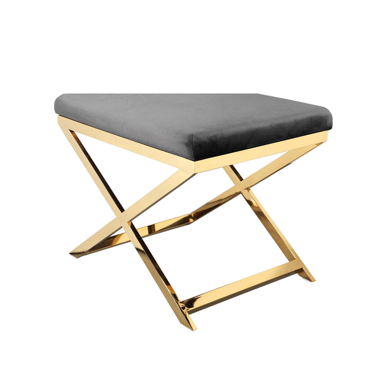 Sovi 24 Inch Accent Stool Ottoman Bench, Cushioned Gray Velvet, Gold X Base - BM314999